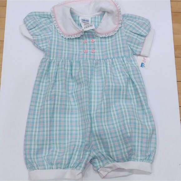 Vintage Alexis Turquoise Pink Plaid Romper Short Sleeve Girls 18M Lace Buttons